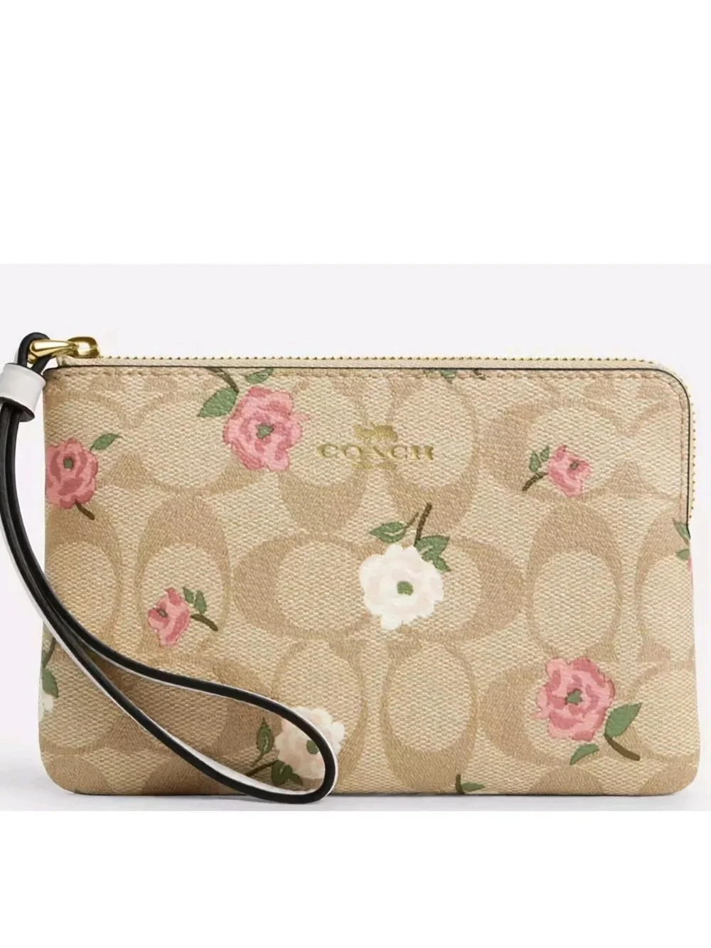 Coach Beige Floral Canvas Wristlet with Pink & White Roses NWT